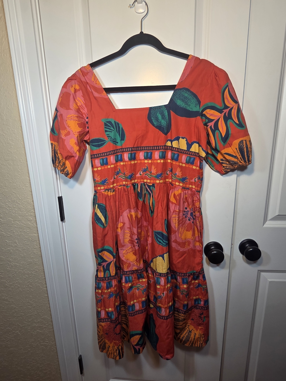 Square-Neck Red Floral Tiered Midi Dress
